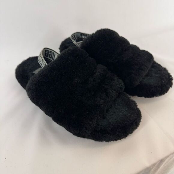 UGG Kid's Black Flat Strap Comfort Slip On Fluff Yeah Slide Sandal Size 6 - Picture 4 of 8
